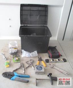 Black Tote & Misc. Hand Tools Adjustable Wrench, Level, Tool Bag, Hose End Mender, Clamping Pliers