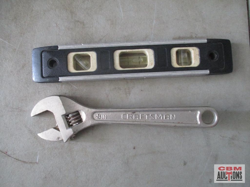 Black Tote & Misc. Hand Tools Adjustable Wrench, Level, Tool Bag, Hose End Mender, Clamping Pliers