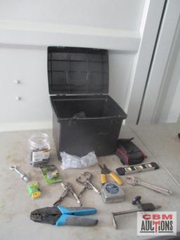 Black Tote & Misc. Hand Tools Adjustable Wrench, Level, Tool Bag, Hose End Mender, Clamping Pliers