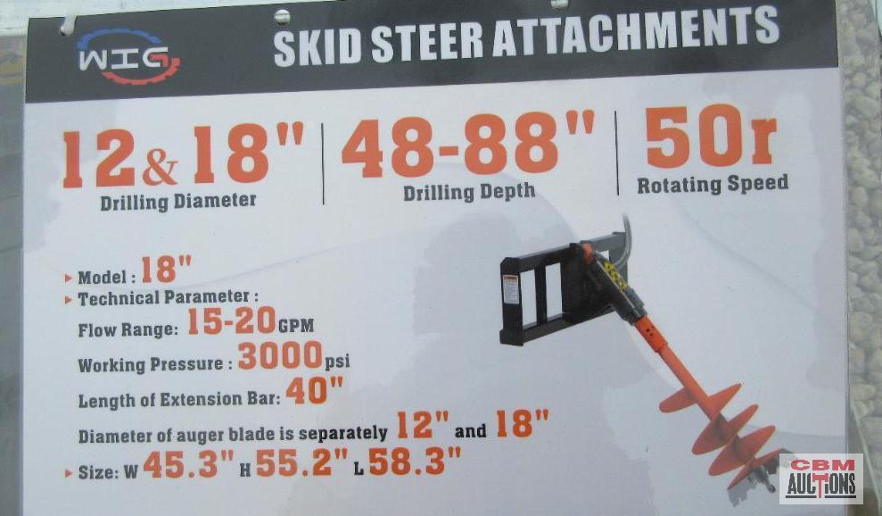 WIG XN-LXZ01-18 Skid Steer Hydraulic Post Hole Digger, Hex Drive, 12" & 18" Augers, 40" Auger