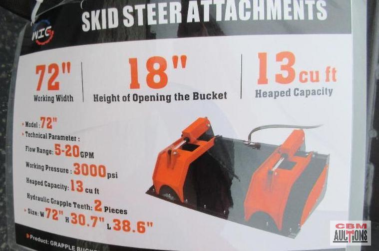 WIG XN-ZD01-72 72" Skid Steer Industrial Smooth Bottom Grapple Bucket, Removable Sides, Dual