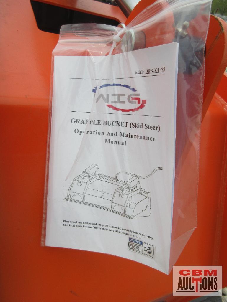 WIG XN-ZD01-72 72" Skid Steer Industrial Smooth Bottom Grapple Bucket, Removable Sides, Dual