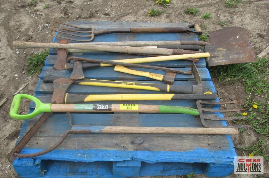 Pallet of Hand Tools Shovels, Rakes, Ax, Pitch Fork Ect.