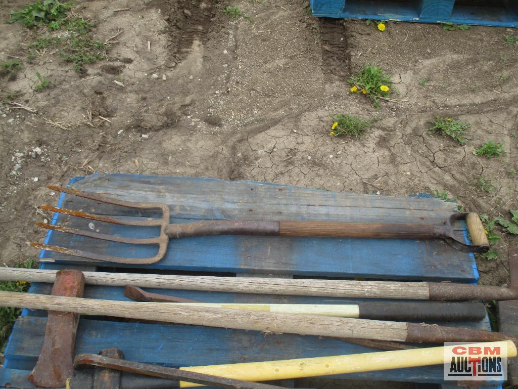 Pallet of Hand Tools Shovels, Rakes, Ax, Pitch Fork Ect.