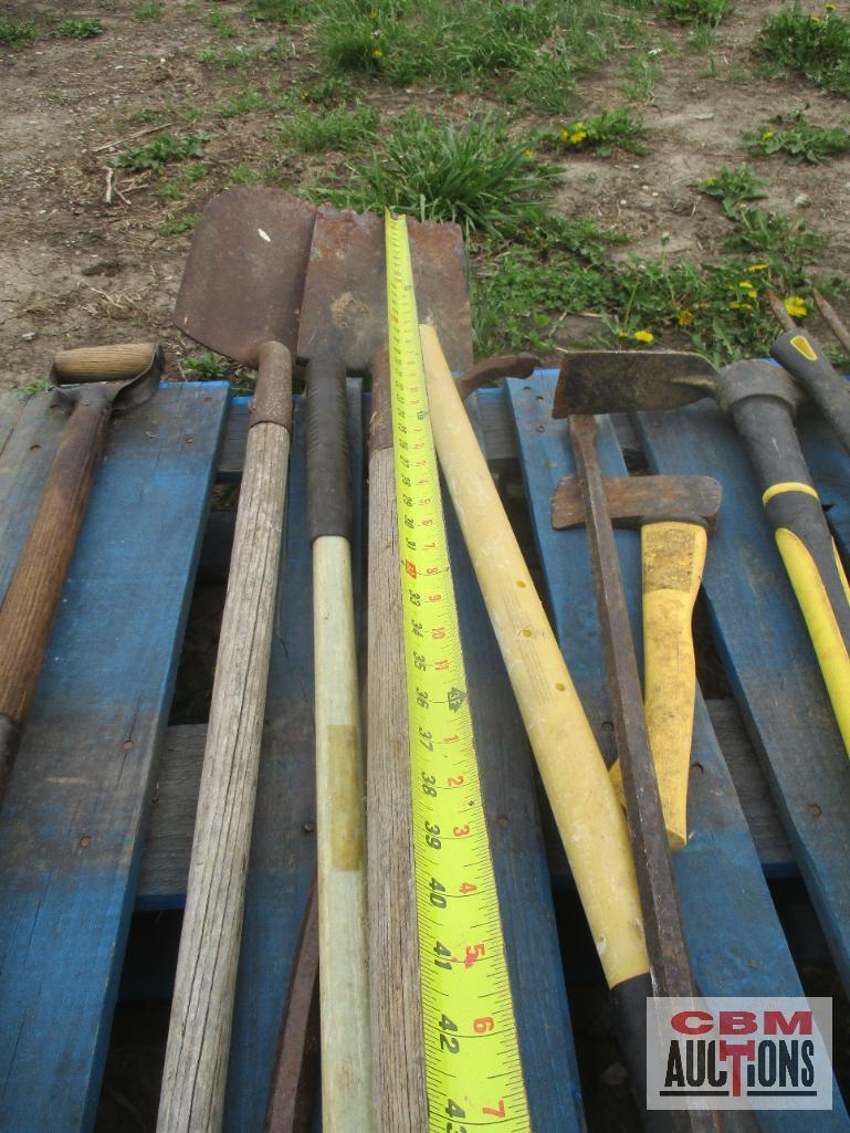 Pallet of Hand Tools Shovels, Rakes, Ax, Pitch Fork Ect.