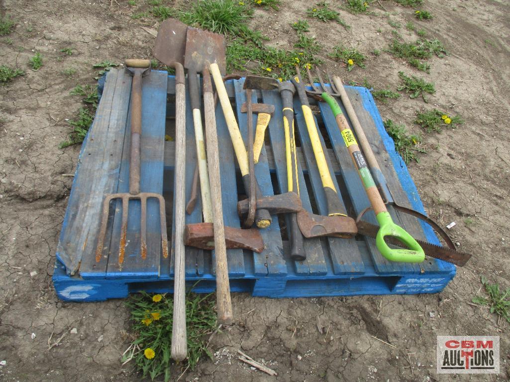 Pallet of Hand Tools Shovels, Rakes, Ax, Pitch Fork Ect.