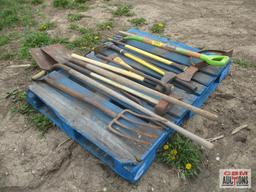 Pallet of Hand Tools Shovels, Rakes, Ax, Pitch Fork Ect.