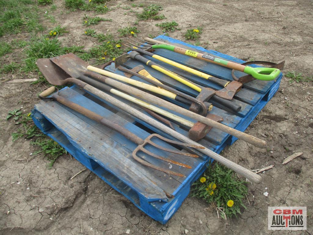 Pallet of Hand Tools Shovels, Rakes, Ax, Pitch Fork Ect.