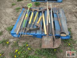 Pallet of Hand Tools Shovels, Rakes, Ax, Pitch Fork Ect.