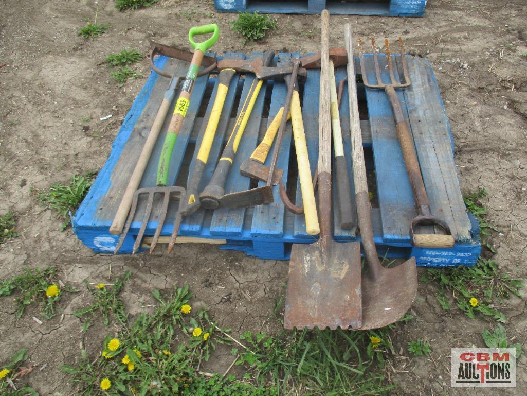 Pallet of Hand Tools Shovels, Rakes, Ax, Pitch Fork Ect.