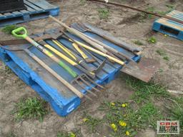 Pallet of Hand Tools Shovels, Rakes, Ax, Pitch Fork Ect.