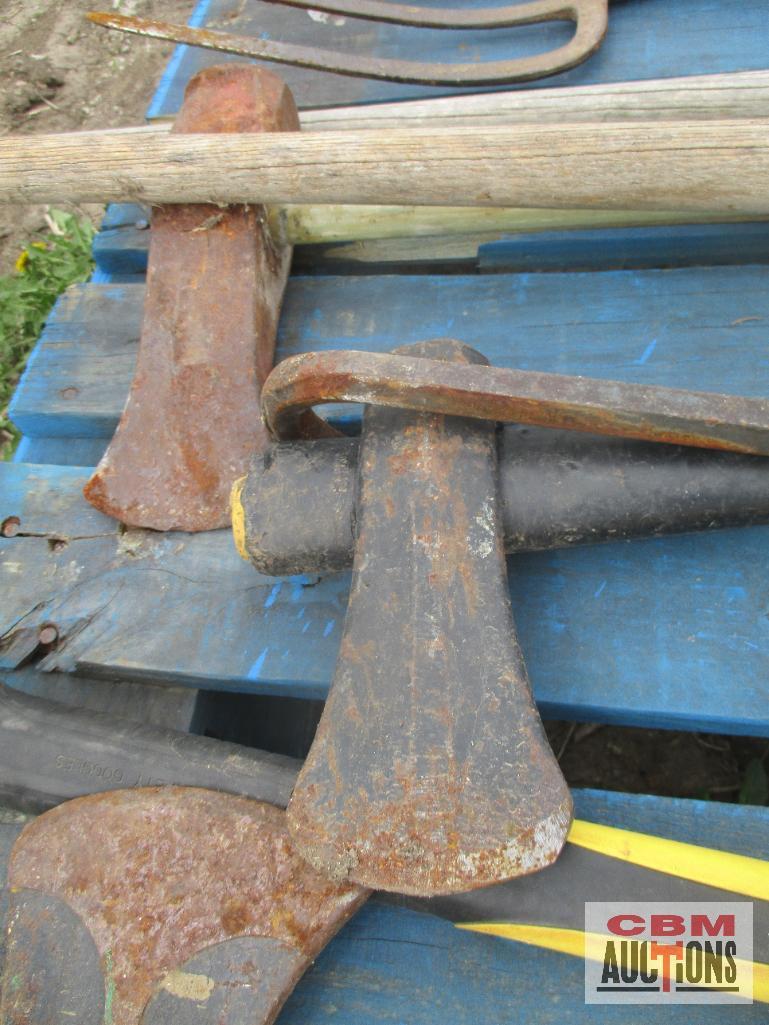Pallet of Hand Tools Shovels, Rakes, Ax, Pitch Fork Ect.