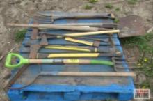 Pallet of Hand Tools Shovels, Rakes, Ax, Pitch Fork Ect.