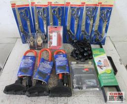 2' Tri-Tap Extension Cords, Cord Winders, 2pc Scissor Sets, His & Her Watches & misc.