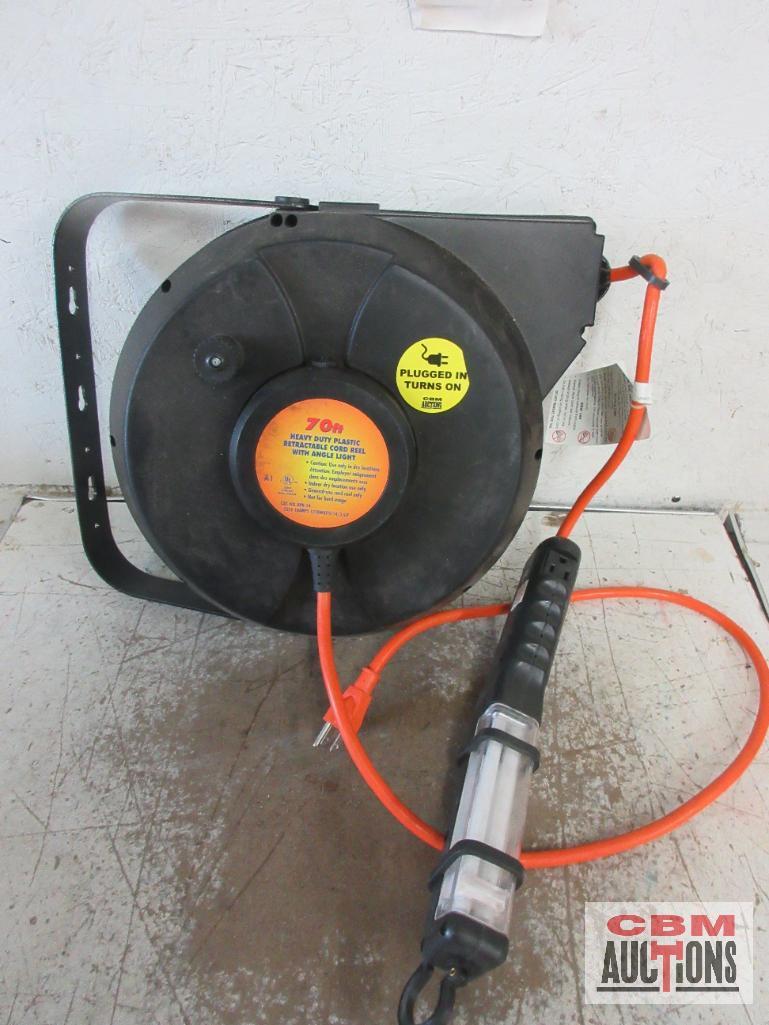 70' Heavy Duty Plastic Retractable Cord Reel w/ Angle Light - Runs