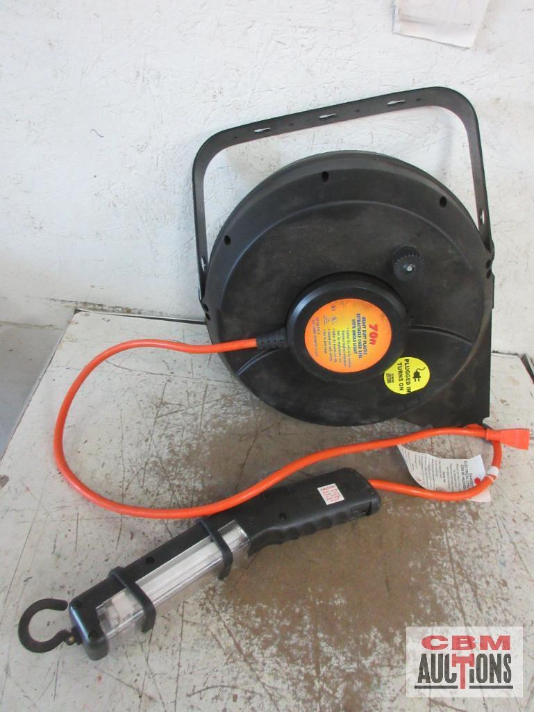 70' Heavy Duty Plastic Retractable Cord Reel w/ Angle Light - Runs