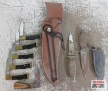 2 Leather Sheaths , 2 Boot Knifes & 6 Pocket Knives
