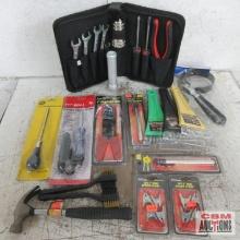 Hand Tool Assortment & Misc. Automotive Tool Kit, Hammer, Wire Brushes, Spring Clamps, Pencil Tire