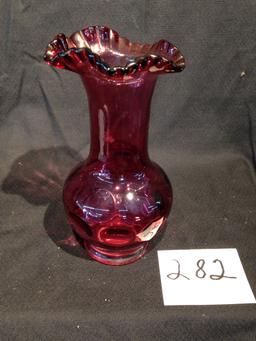 tall vintage Cranberry ruffled edge wide bottom vase