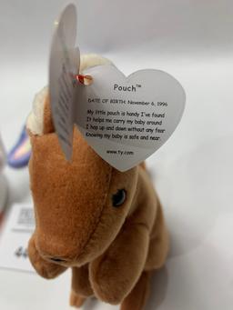 Three Excellent Condition Beanie Babies Pouch, Flitter And Gracie