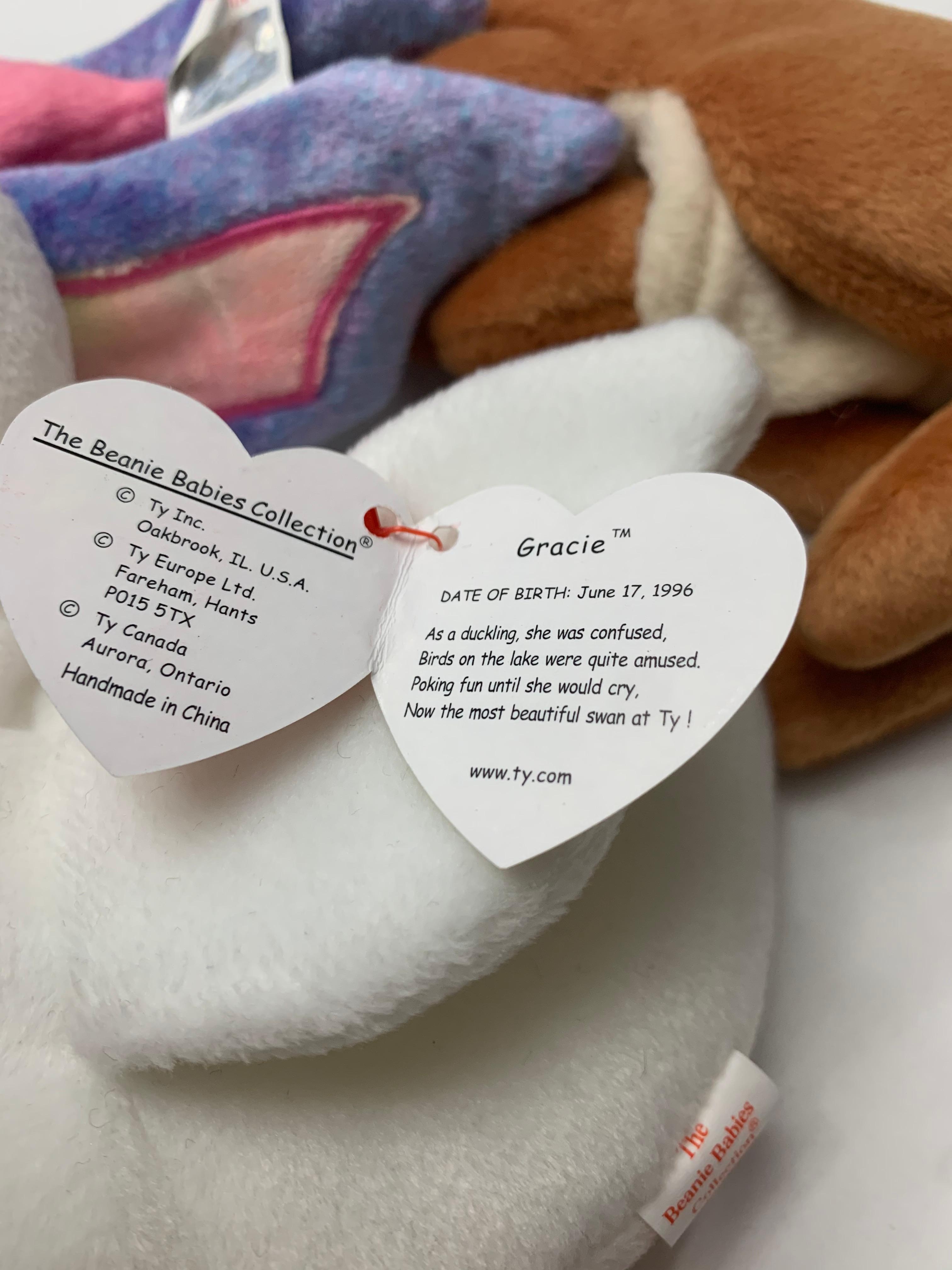 Three Excellent Condition Beanie Babies Pouch, Flitter And Gracie
