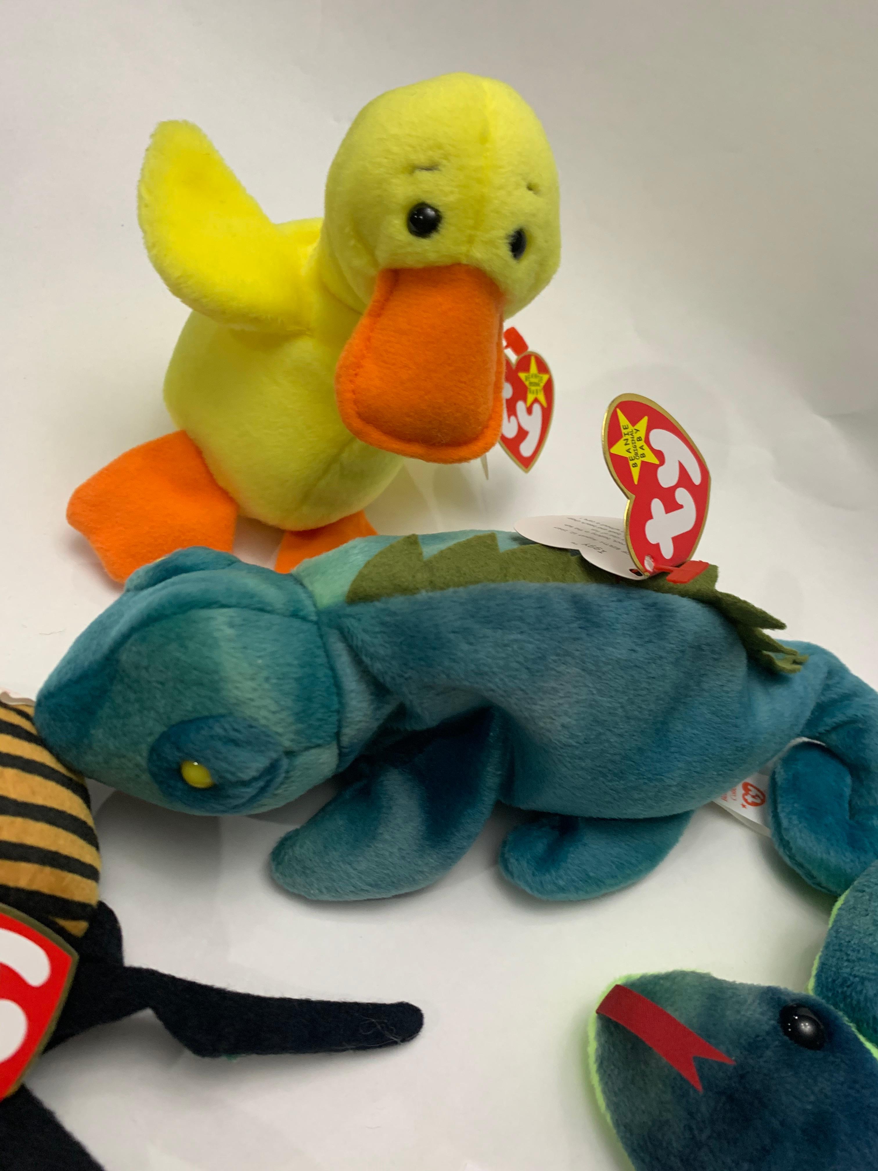 Four Beanie Babies Hissy, Iggy, Quakers, Spinner In Excellent Condition