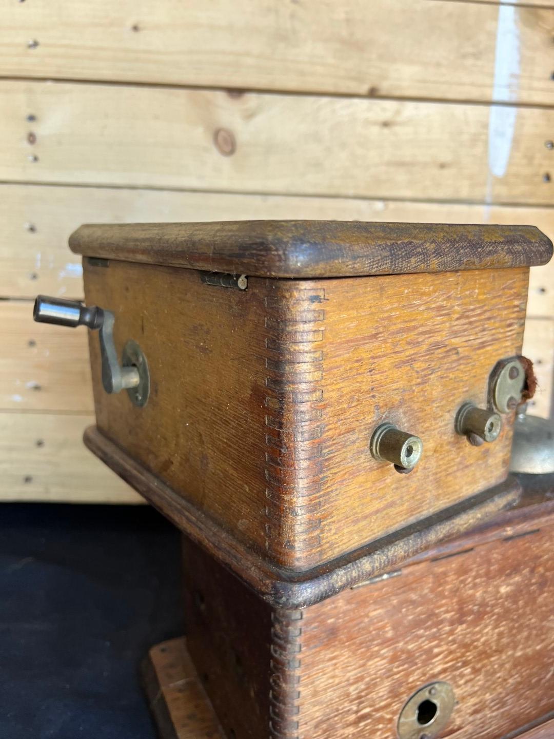Three early Oak telephone top boxes and ringer boxes