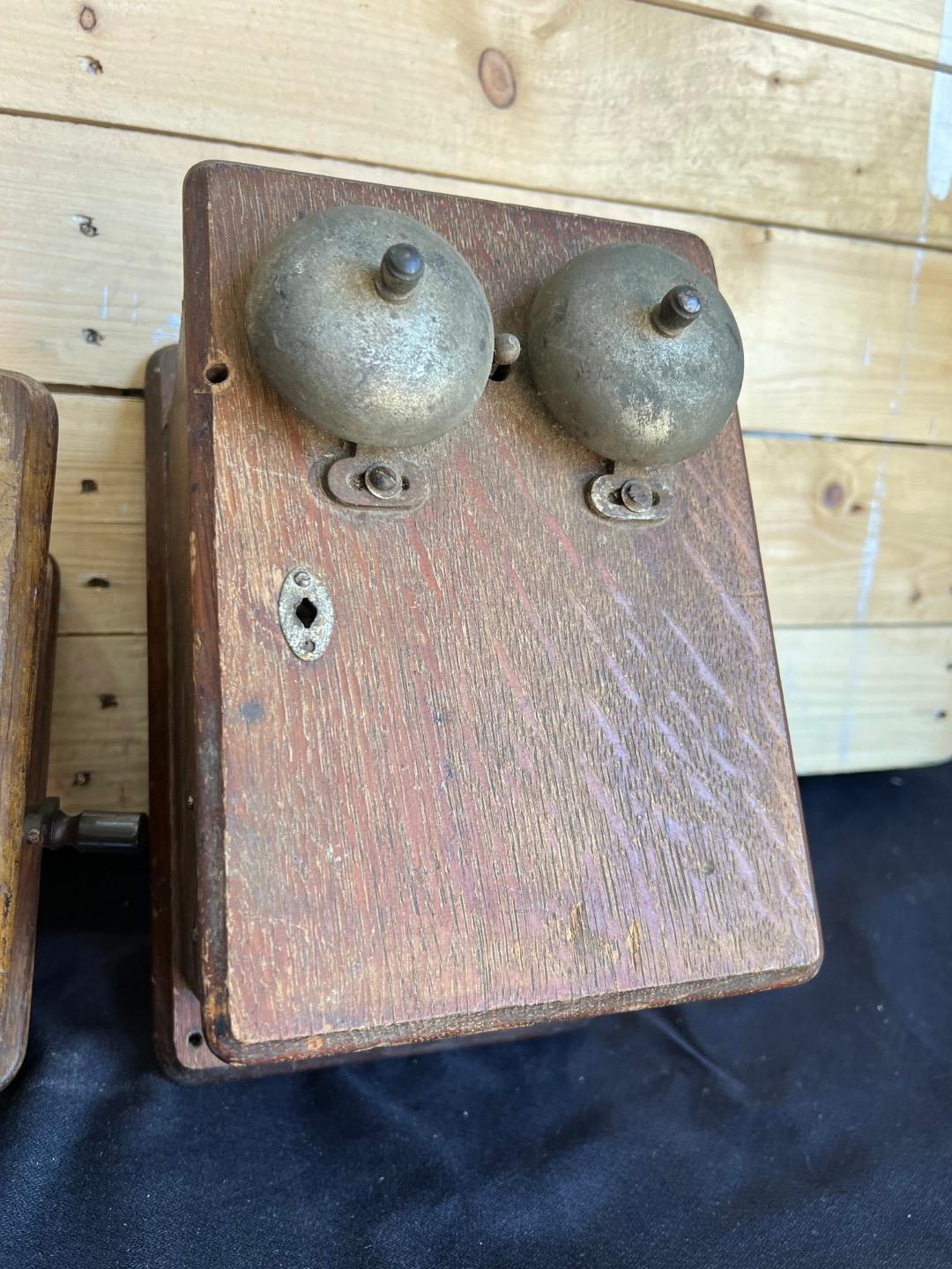 Three early Oak telephone top boxes and ringer boxes