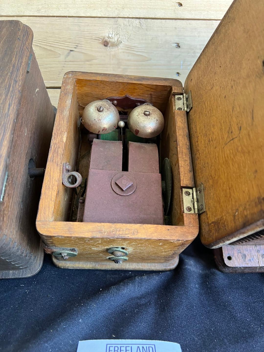 Three early Oak telephone top boxes and ringer boxes