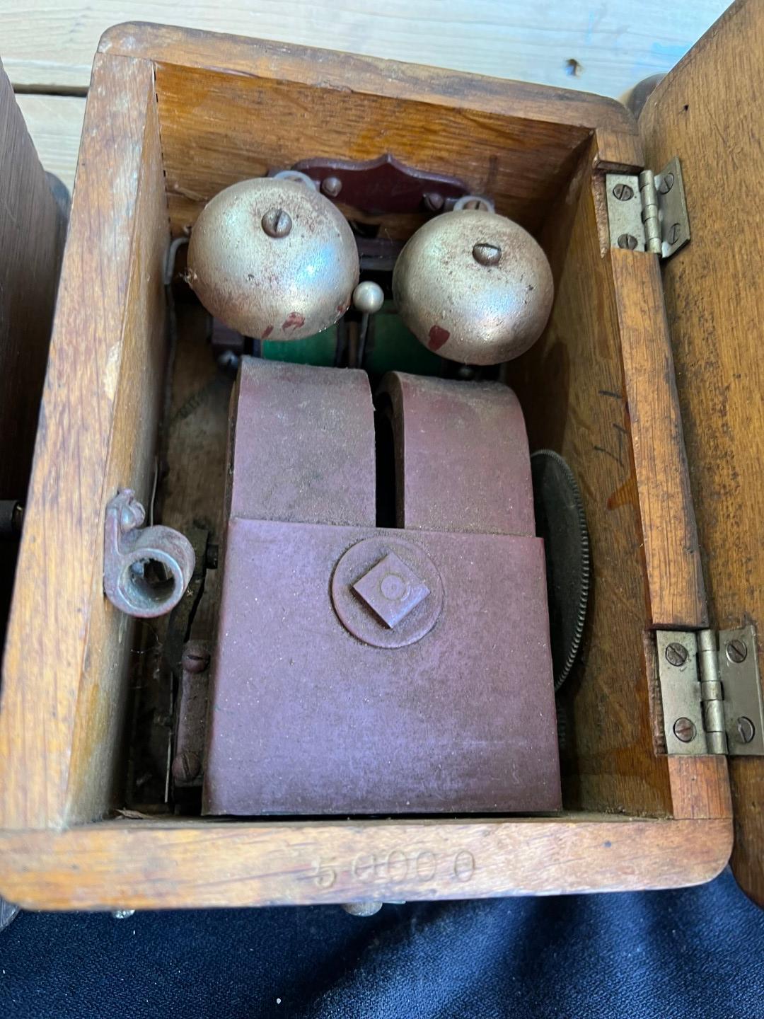 Three early Oak telephone top boxes and ringer boxes