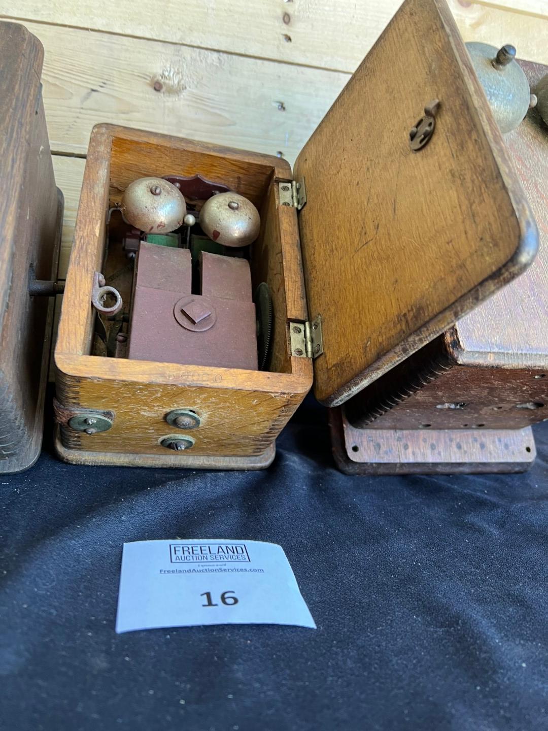 Three early Oak telephone top boxes and ringer boxes