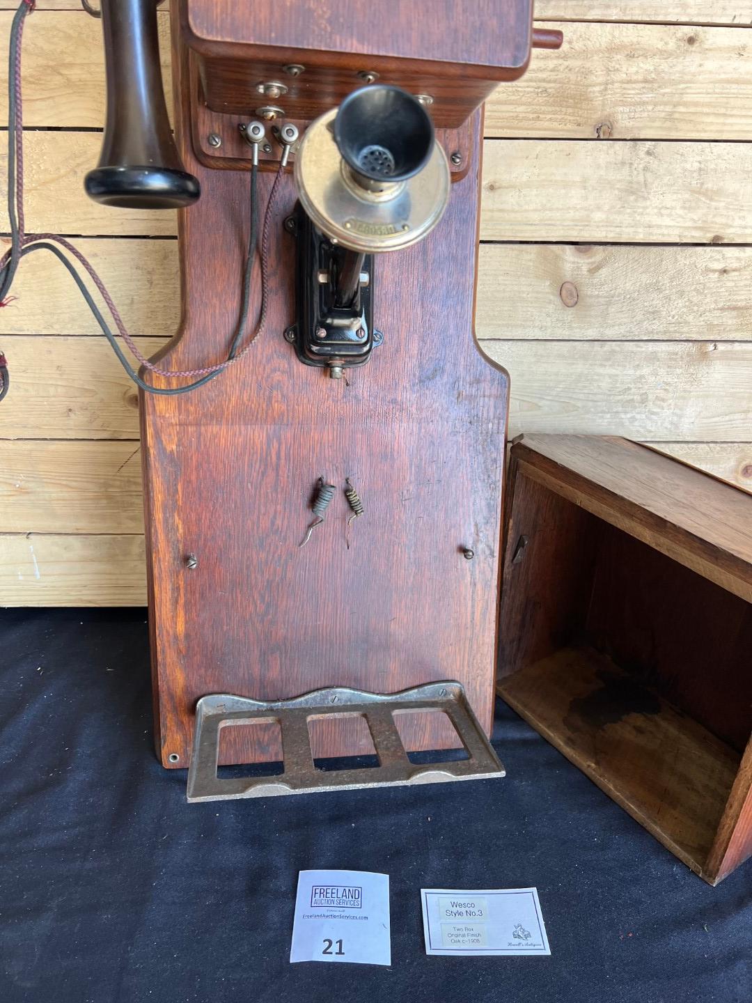 1908 WESCO Style No. 3 Oak Two Box wall telephone