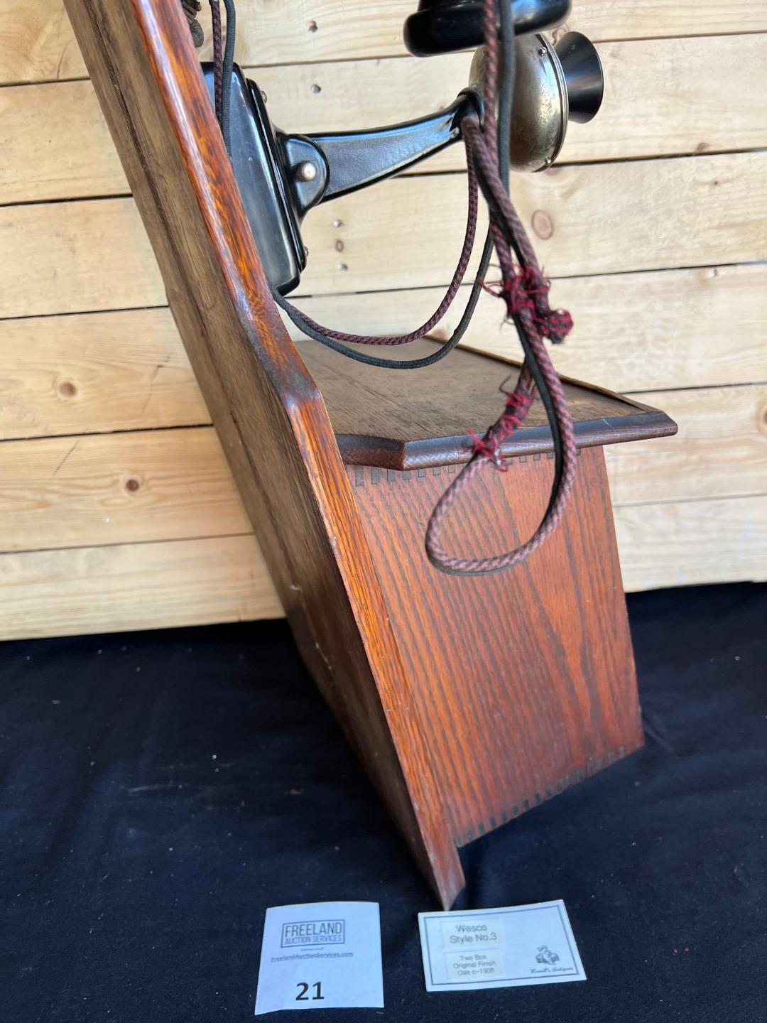 1908 WESCO Style No. 3 Oak Two Box wall telephone