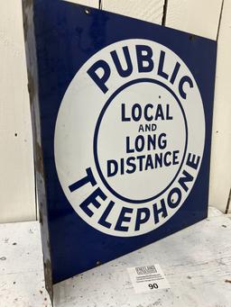Public LOCAL & LONG DISTANCE TELEPHONE Porcelain double sided flange 18" by 18" sign