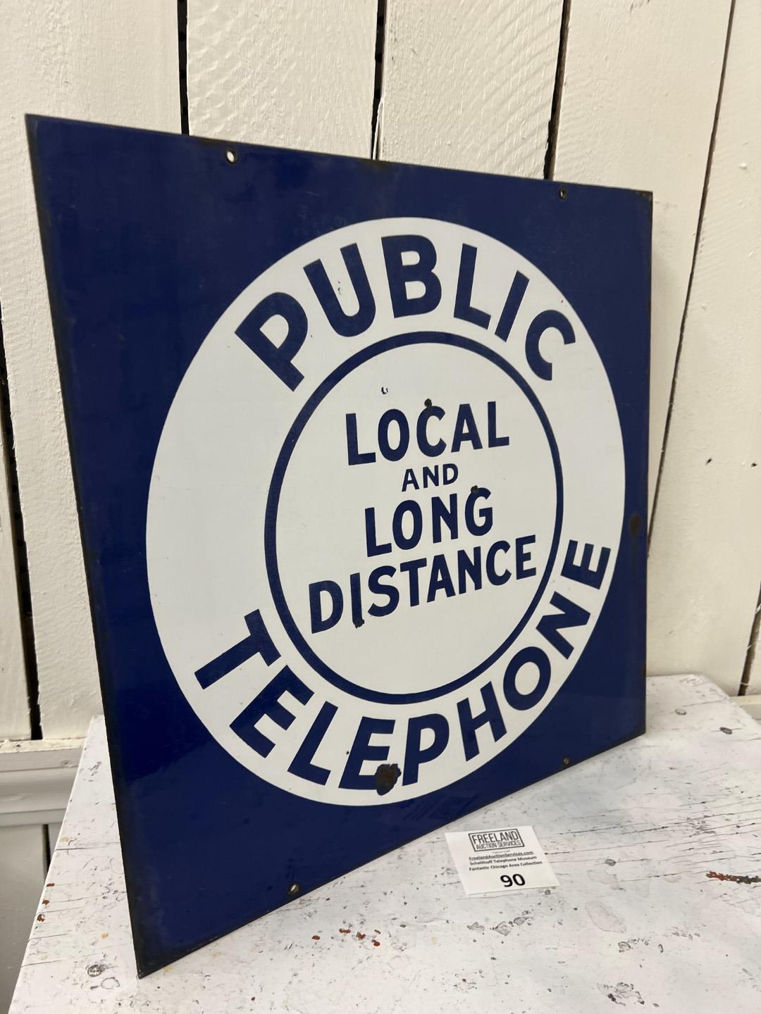 Public LOCAL & LONG DISTANCE TELEPHONE Porcelain double sided flange 18" by 18" sign