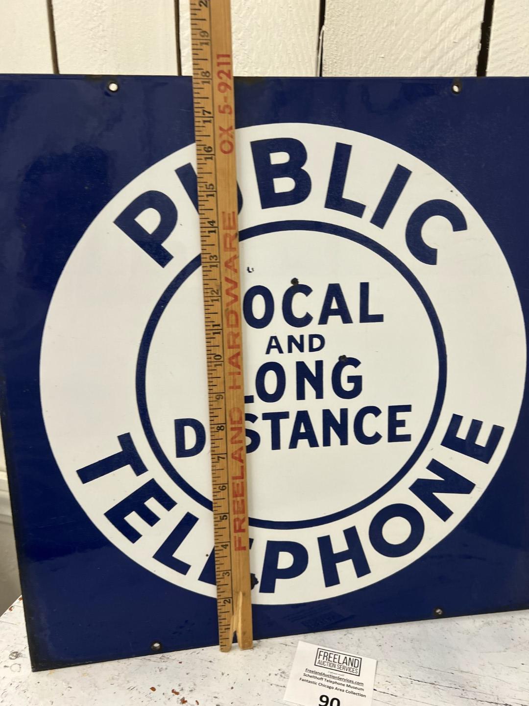 Public LOCAL & LONG DISTANCE TELEPHONE Porcelain double sided flange 18" by 18" sign