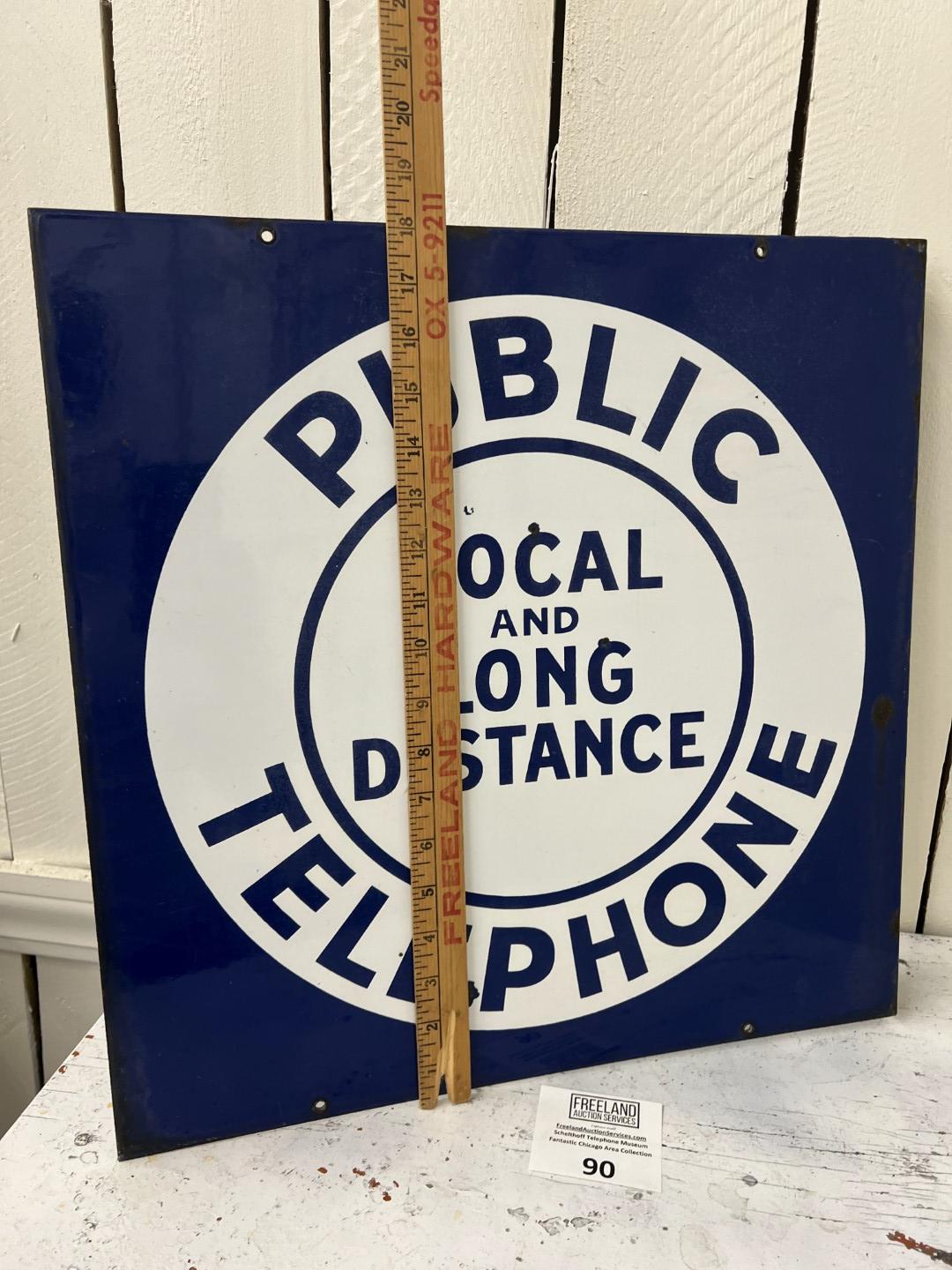 Public LOCAL & LONG DISTANCE TELEPHONE Porcelain double sided flange 18" by 18" sign
