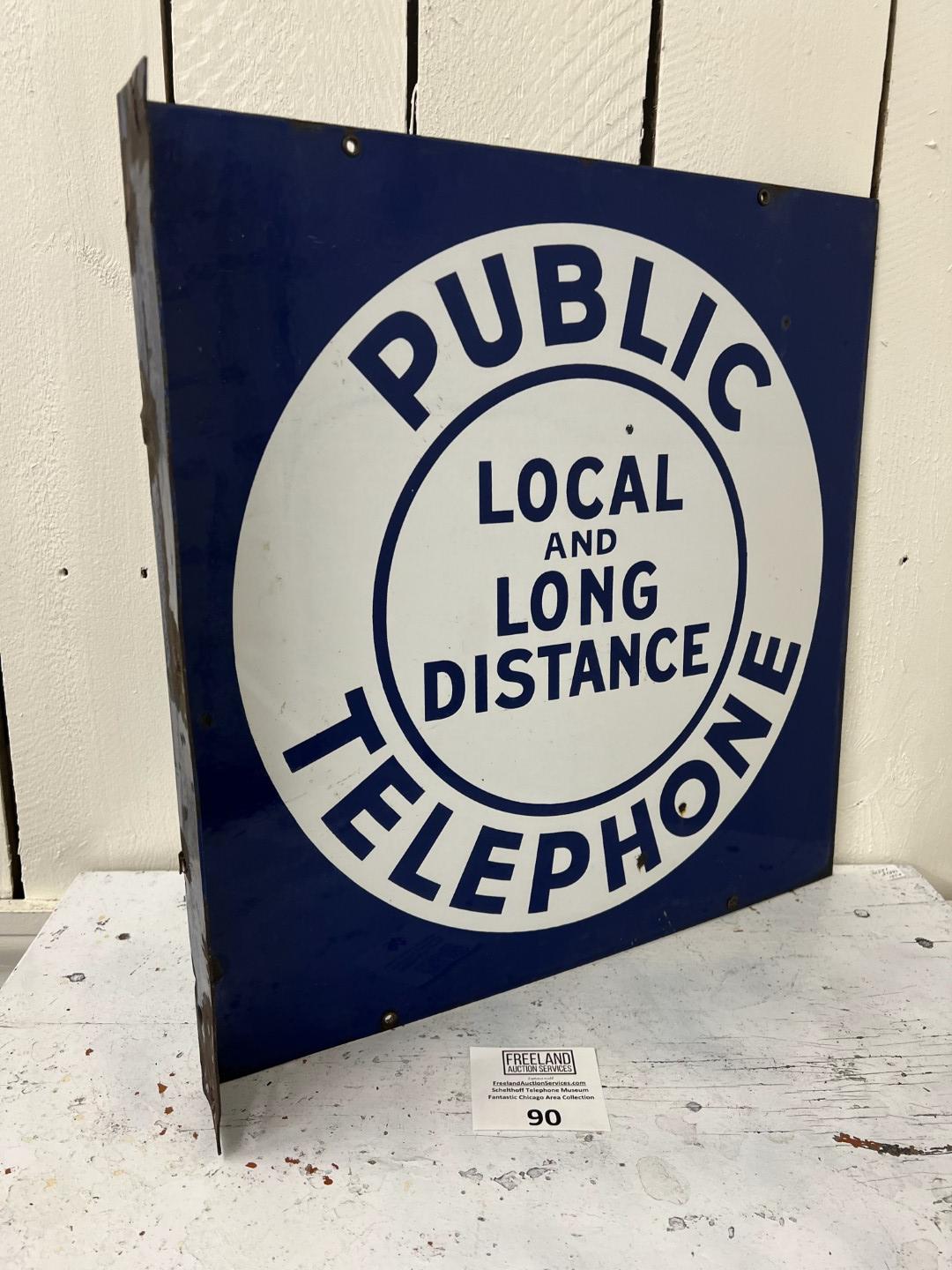 Public LOCAL & LONG DISTANCE TELEPHONE Porcelain double sided flange 18" by 18" sign