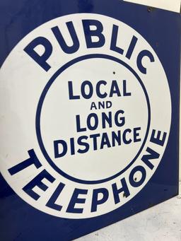 Public LOCAL & LONG DISTANCE TELEPHONE Porcelain double sided flange 18" by 18" sign