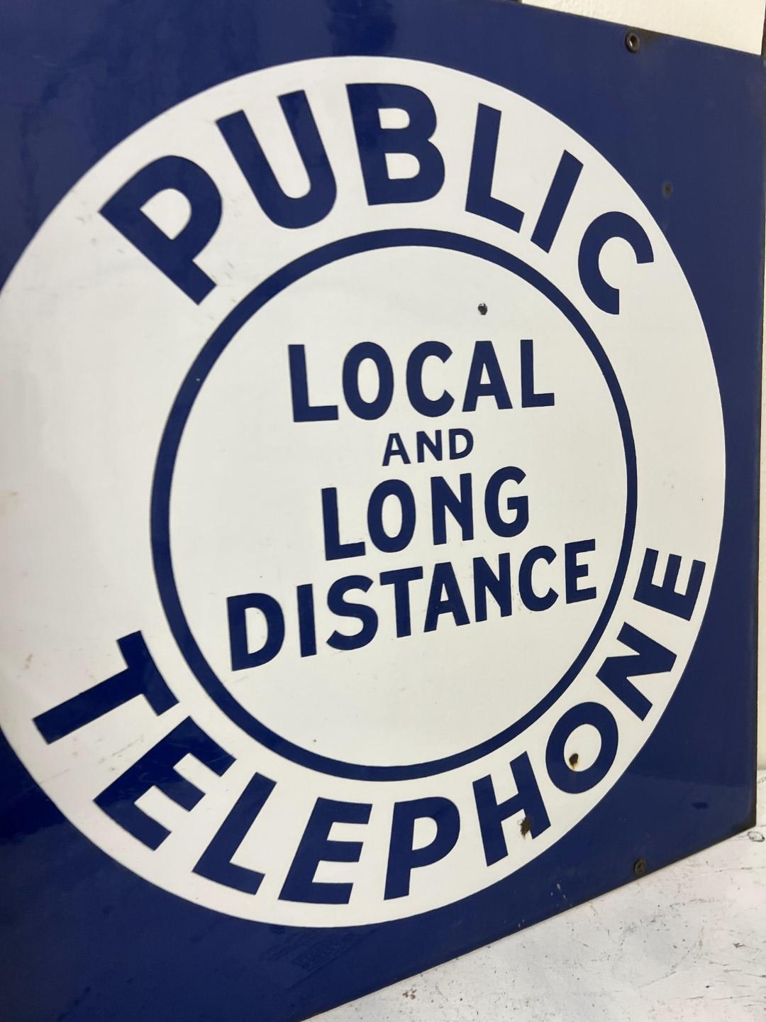 Public LOCAL & LONG DISTANCE TELEPHONE Porcelain double sided flange 18" by 18" sign