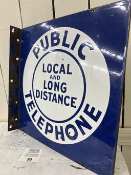 Public LOCAL & LONG DISTANCE TELEPHONE Porcelain double sided flange 18" by 18" sign