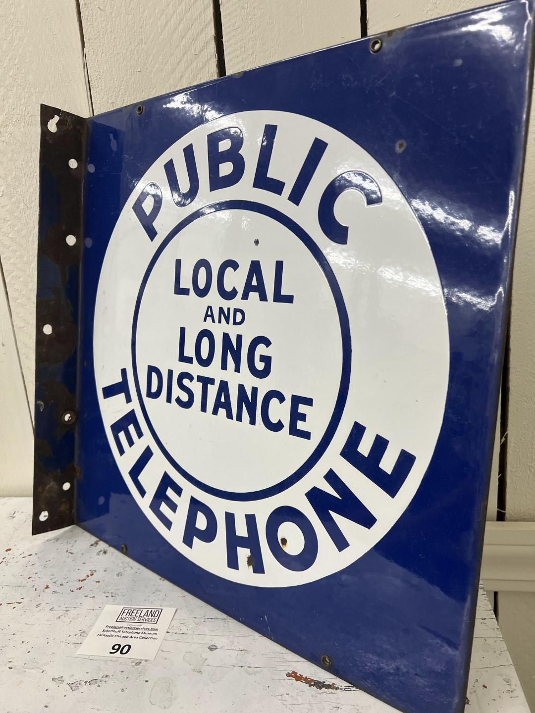Public LOCAL & LONG DISTANCE TELEPHONE Porcelain double sided flange 18" by 18" sign