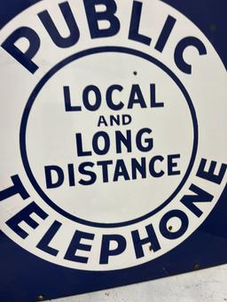 Public LOCAL & LONG DISTANCE TELEPHONE Porcelain double sided flange 18" by 18" sign