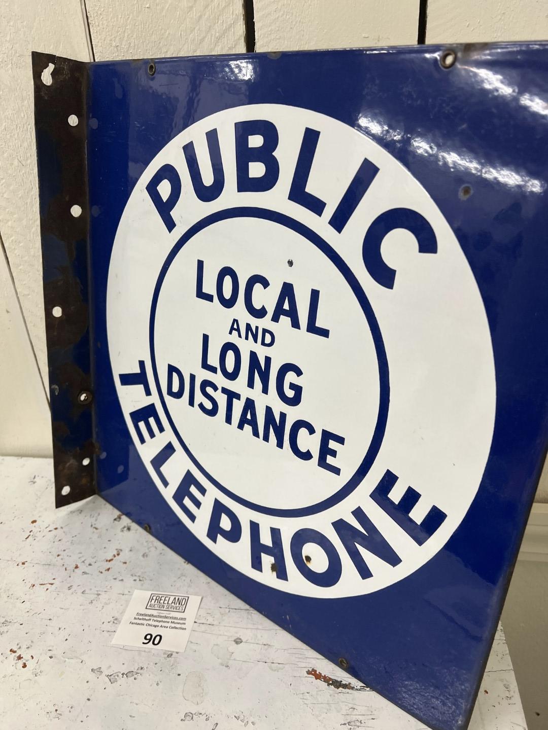 Public LOCAL & LONG DISTANCE TELEPHONE Porcelain double sided flange 18" by 18" sign