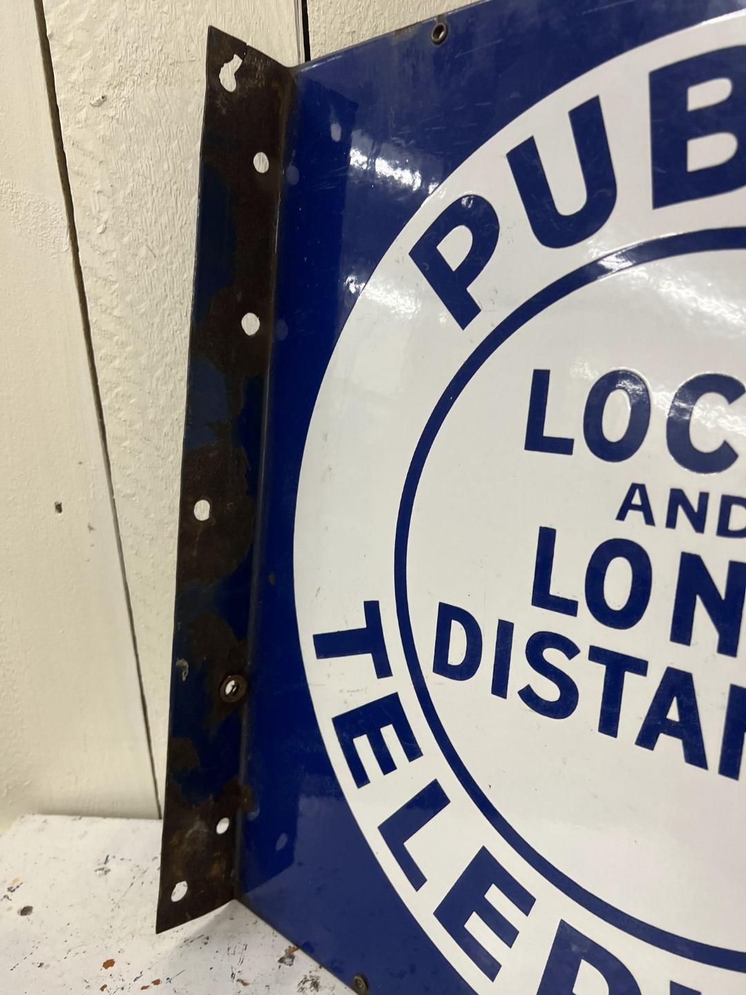 Public LOCAL & LONG DISTANCE TELEPHONE Porcelain double sided flange 18" by 18" sign