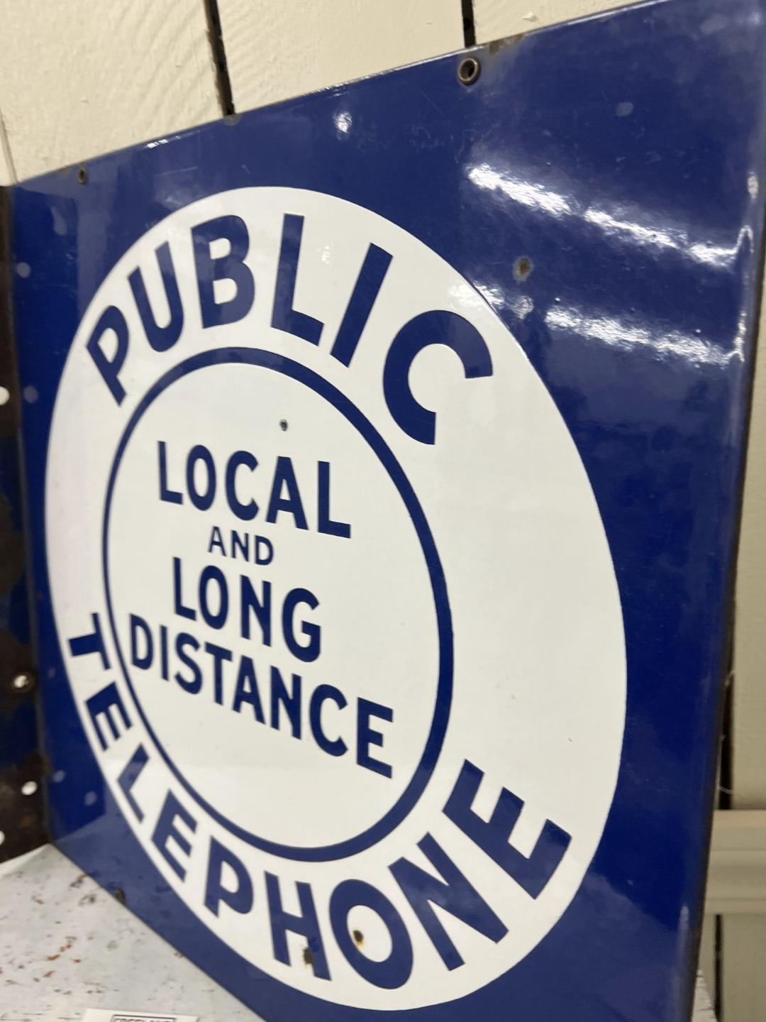 Public LOCAL & LONG DISTANCE TELEPHONE Porcelain double sided flange 18" by 18" sign