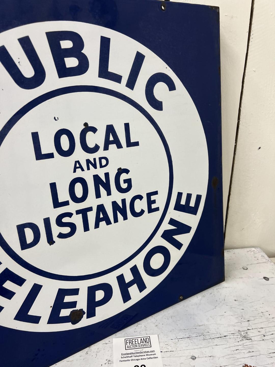 Public LOCAL & LONG DISTANCE TELEPHONE Porcelain double sided flange 18" by 18" sign