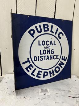 Public LOCAL & LONG DISTANCE TELEPHONE Porcelain double sided flange 18" by 18" sign