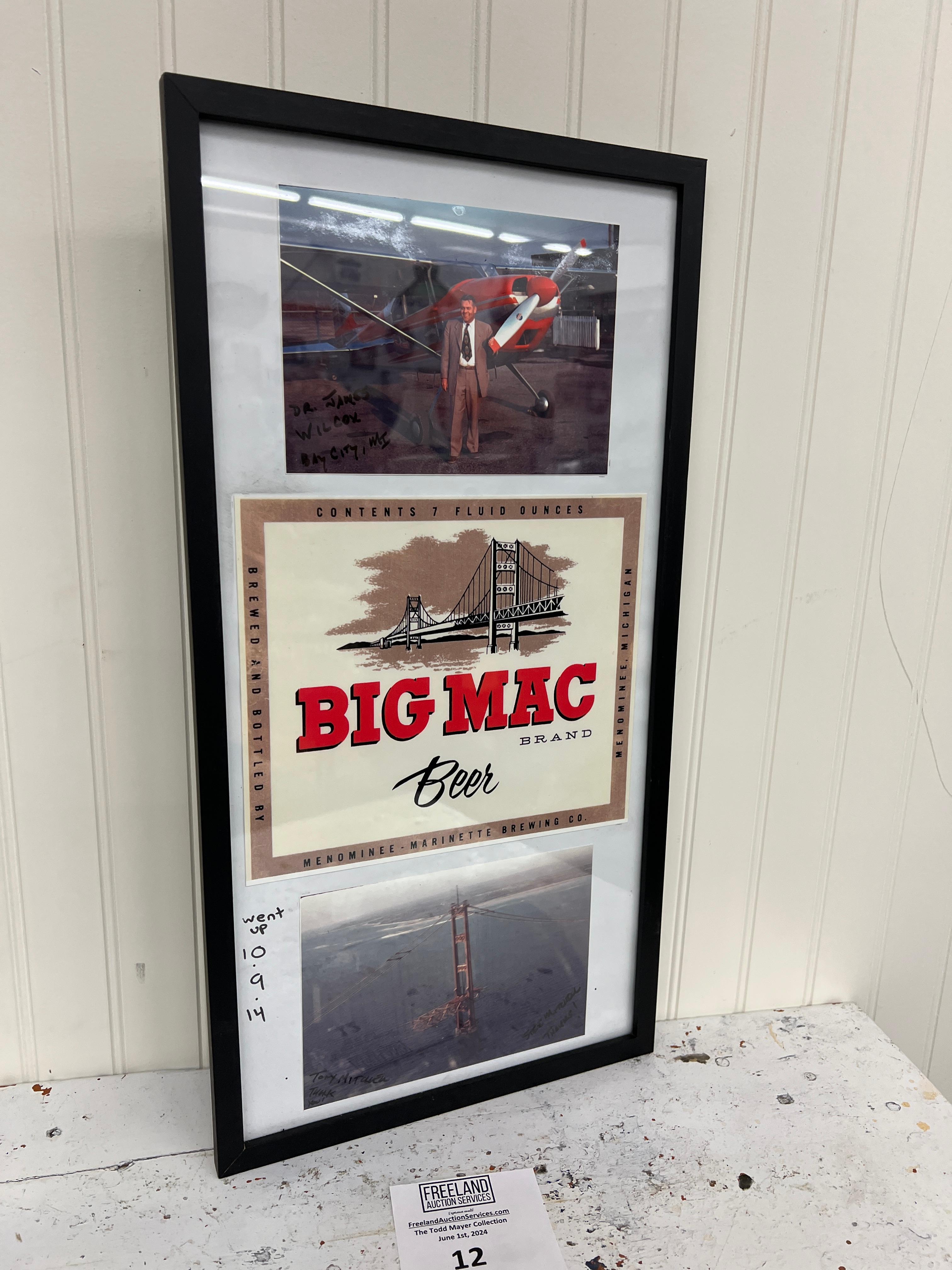 Big Mac Beer Brand Menominee Marinette Brewing Co. Framed pic of Mackinac Bridge being completed