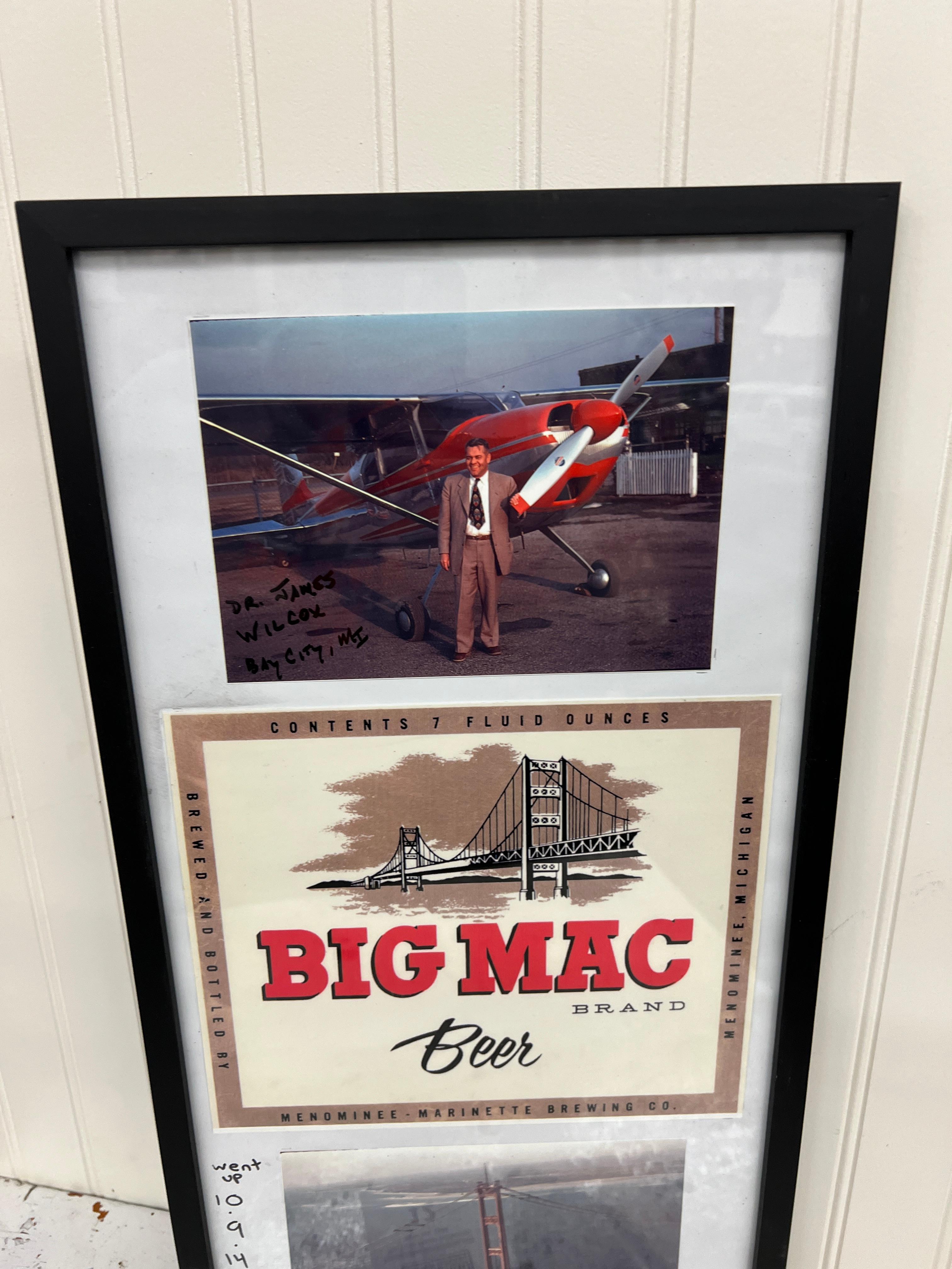 Big Mac Beer Brand Menominee Marinette Brewing Co. Framed pic of Mackinac Bridge being completed